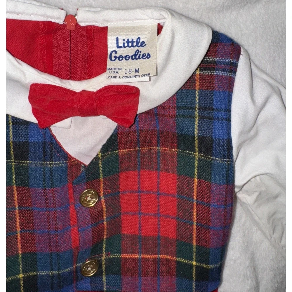 Vtg Little Goodies One Piece Baby Suit Vest Bow Tie Plaid Christmas Sz 18 M